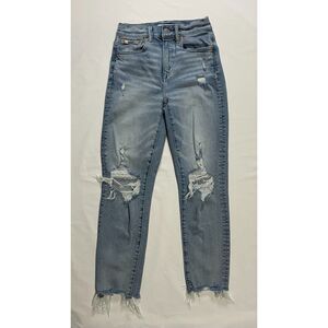 AE77 Mom Jeans 00 High Rise Distressed Light Wash Raw Hem Women’s Denim